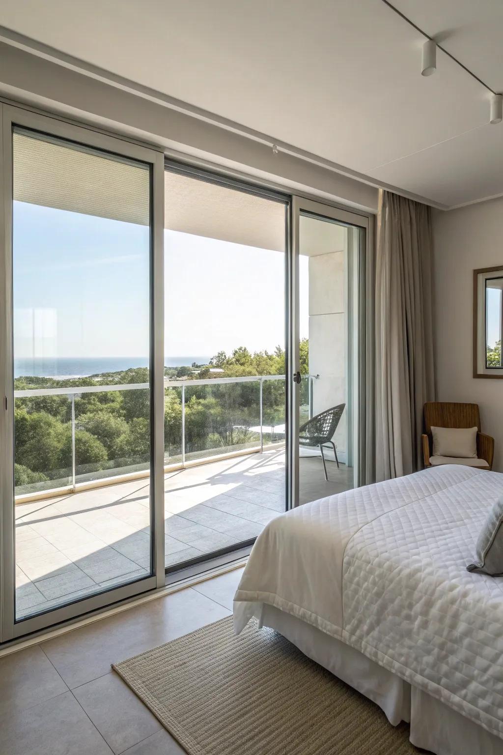 Modern sliding doors connecting bedroom to balcony.