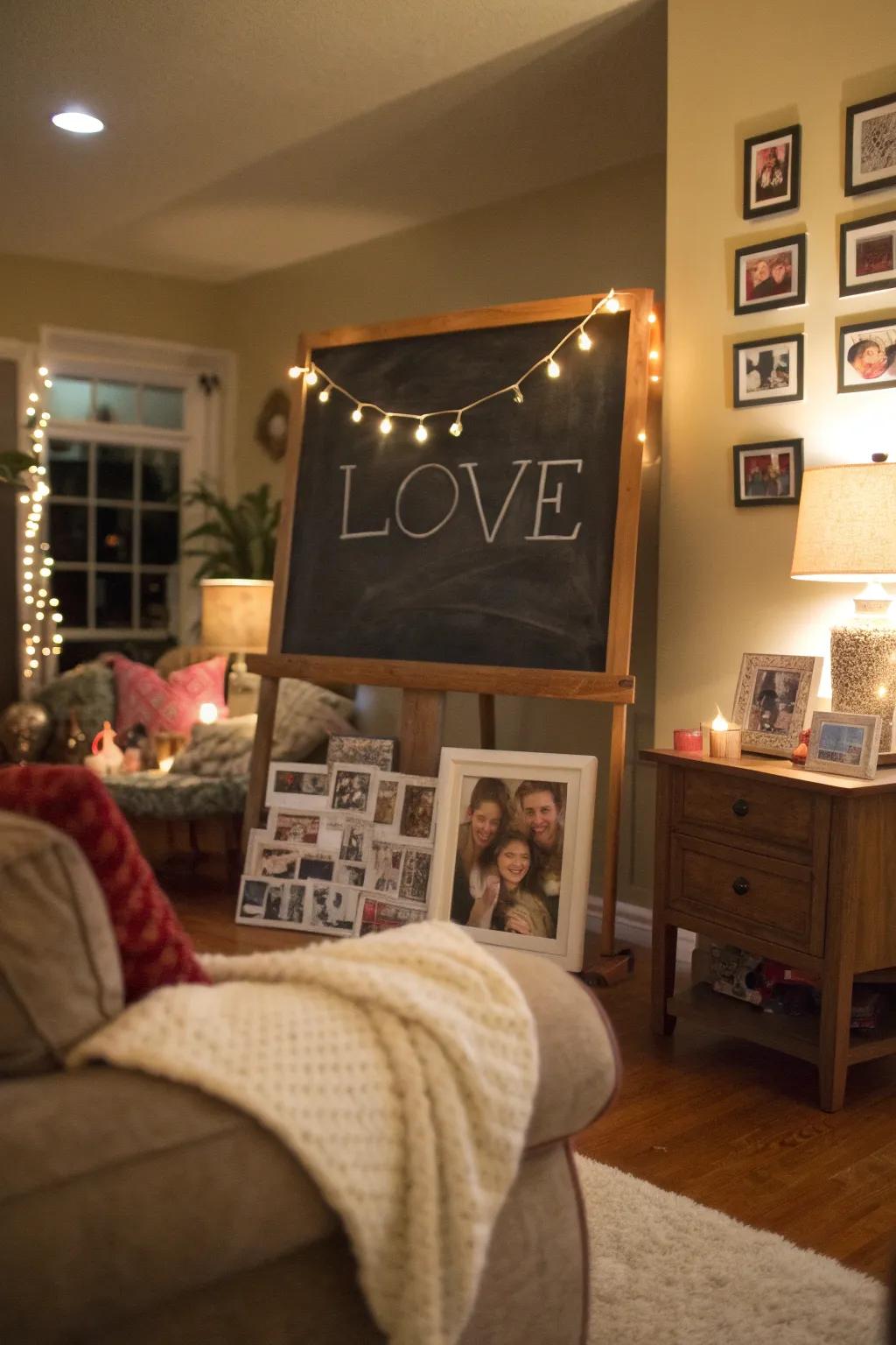 Living room chalkboard with a love-themed quote.