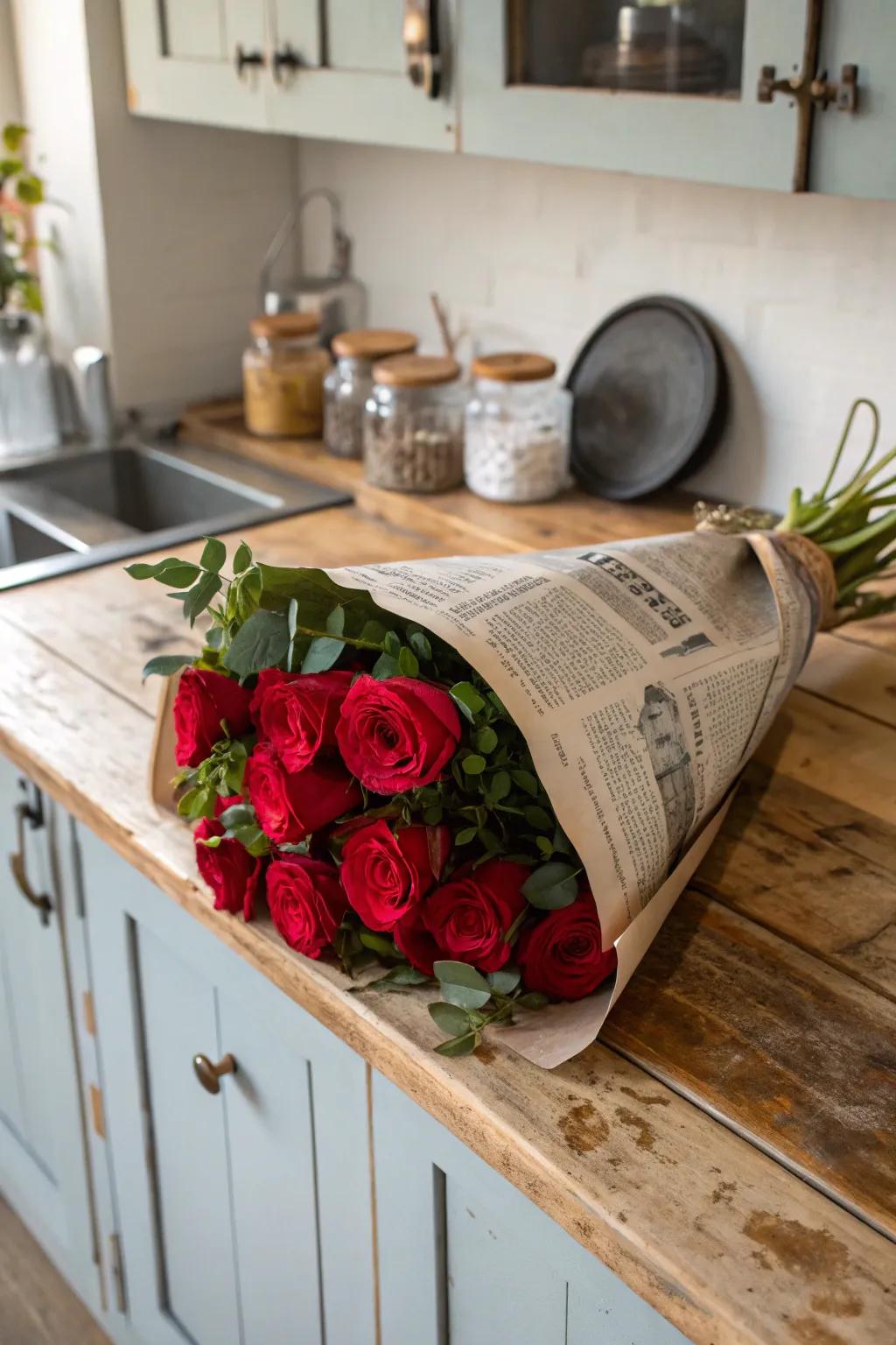 An eco-friendly bouquet wrapped in recycled newspaper.