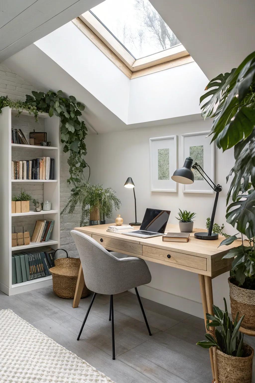 A productive home office illuminated by a skylight.