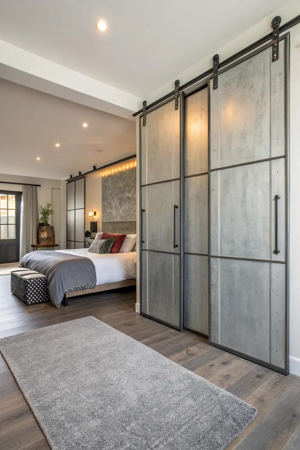 Industrial chic with striking metal doors.