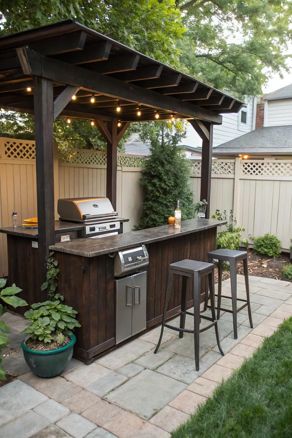 A welcoming bar counter for socializing in a small patio.