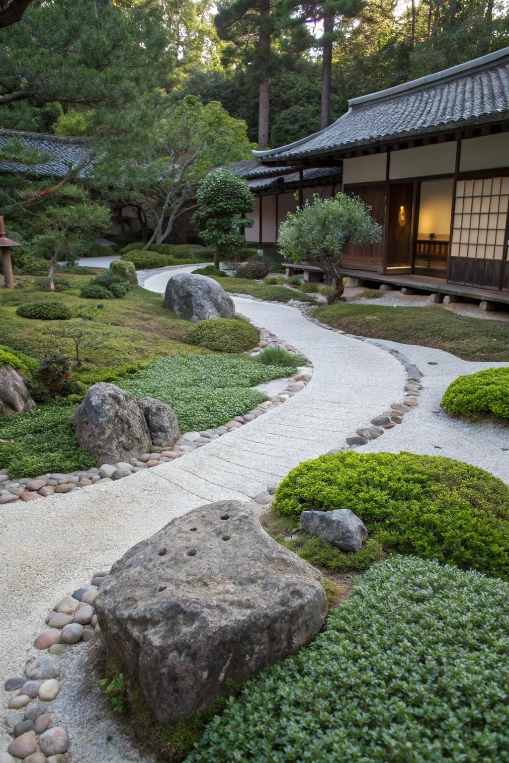 A zen garden with ground cover plants softening the space between rocks and pathways.