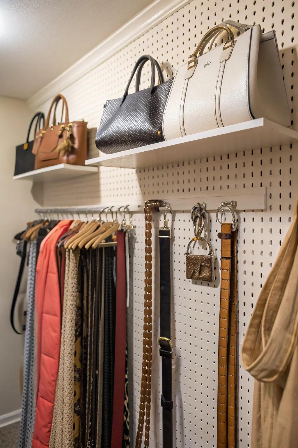 A pegboard offers flexible accessory storage.