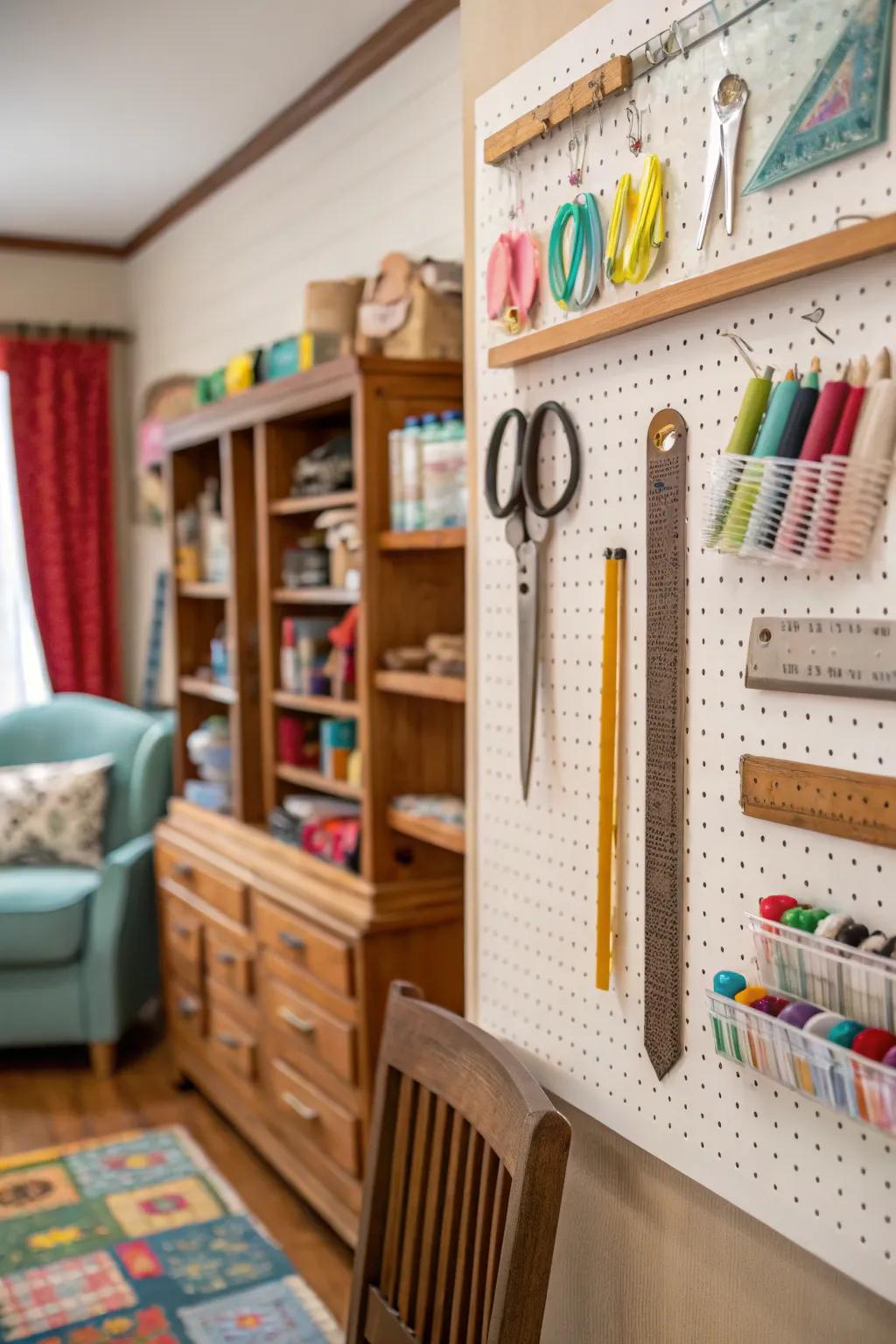 Wall hooks offer a simple solution for organizing frequently used tools.