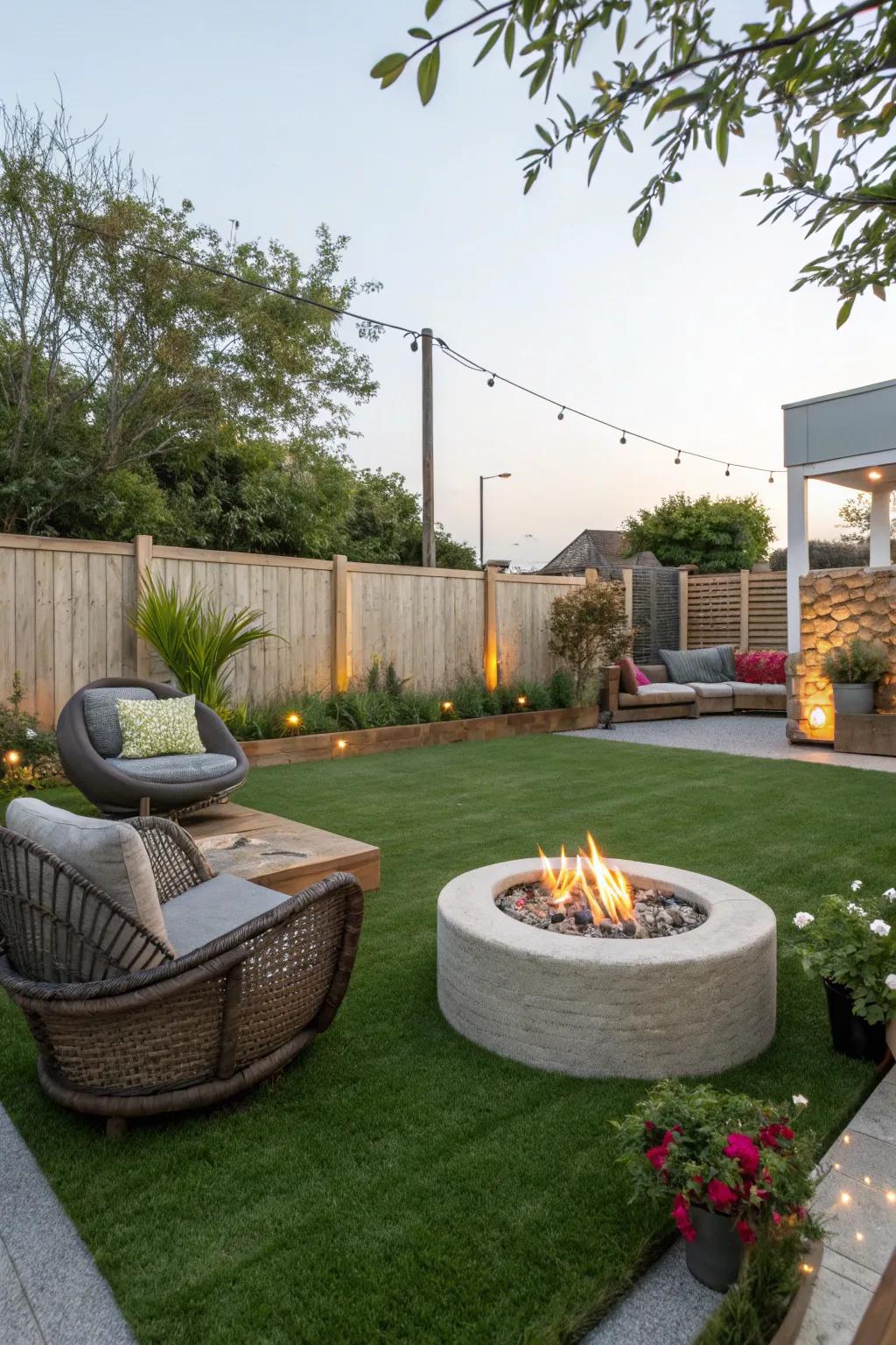 A cozy fire pit area surrounded by artificial grass.