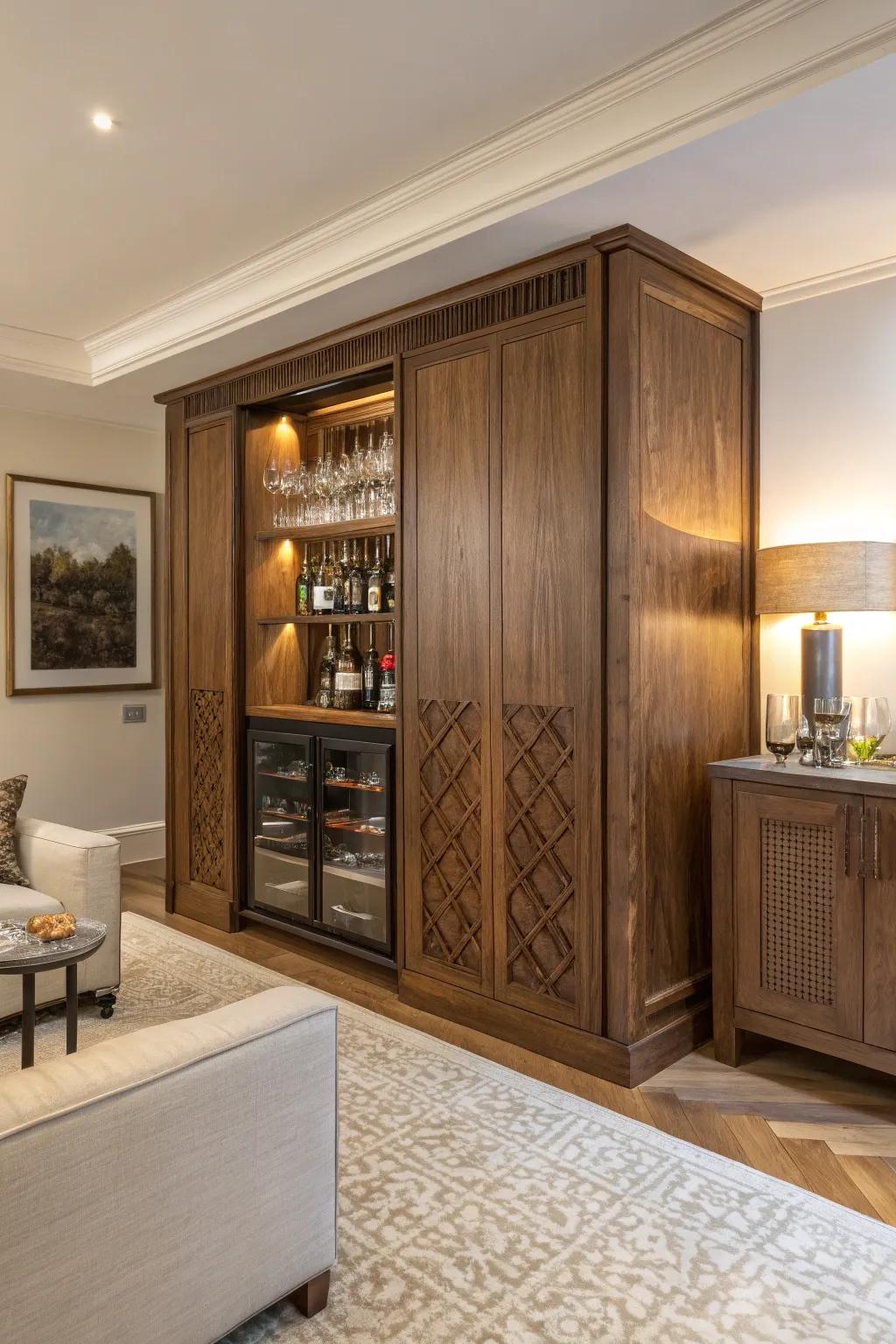 A hidden bar cabinet keeps your space looking sleek and organized.