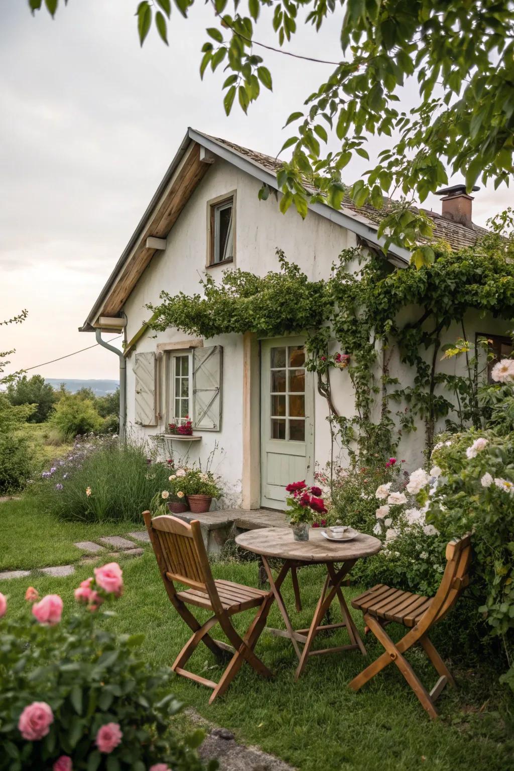 An outdoor seating nook offers a cozy spot for relaxation.