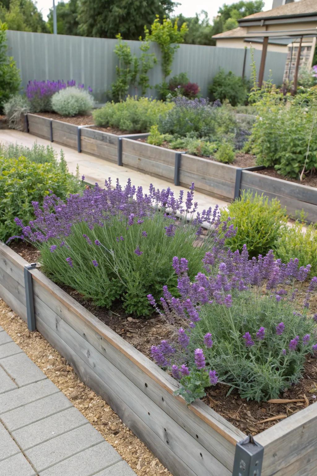 Lavender thrives in raised beds, offering easy care and beauty.