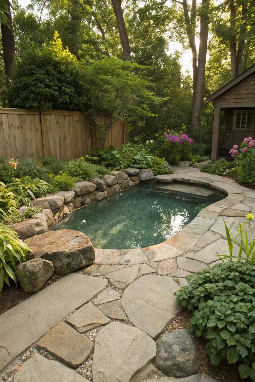 Natural stone surroundings give the pool a harmonious look with the garden landscape.