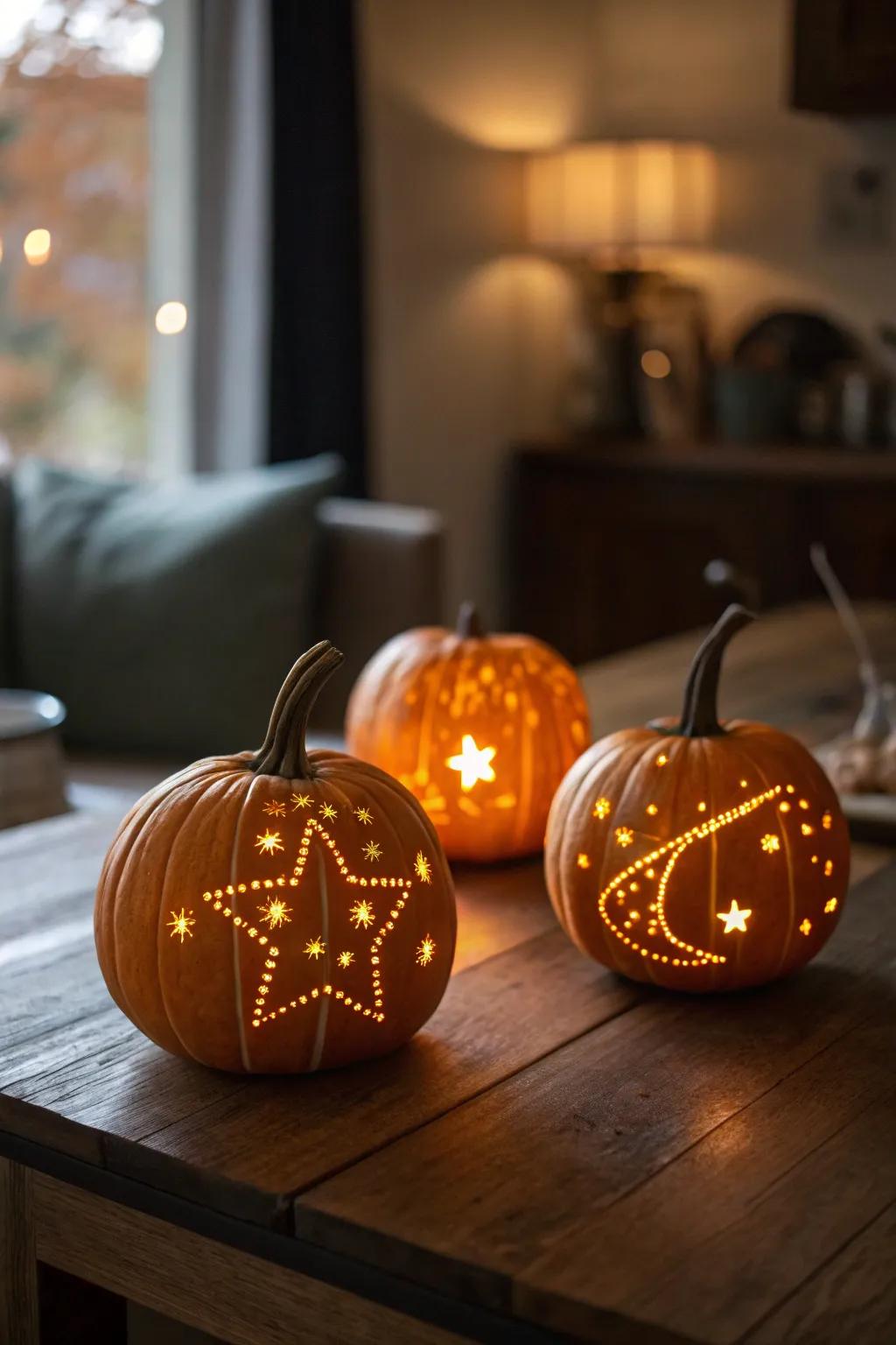 Constellation-carved pumpkins create a mystical, starry ambiance.