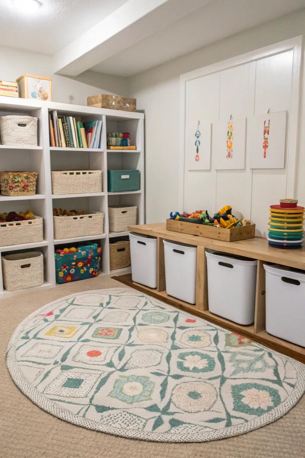 A compact play area with integrated toy storage.