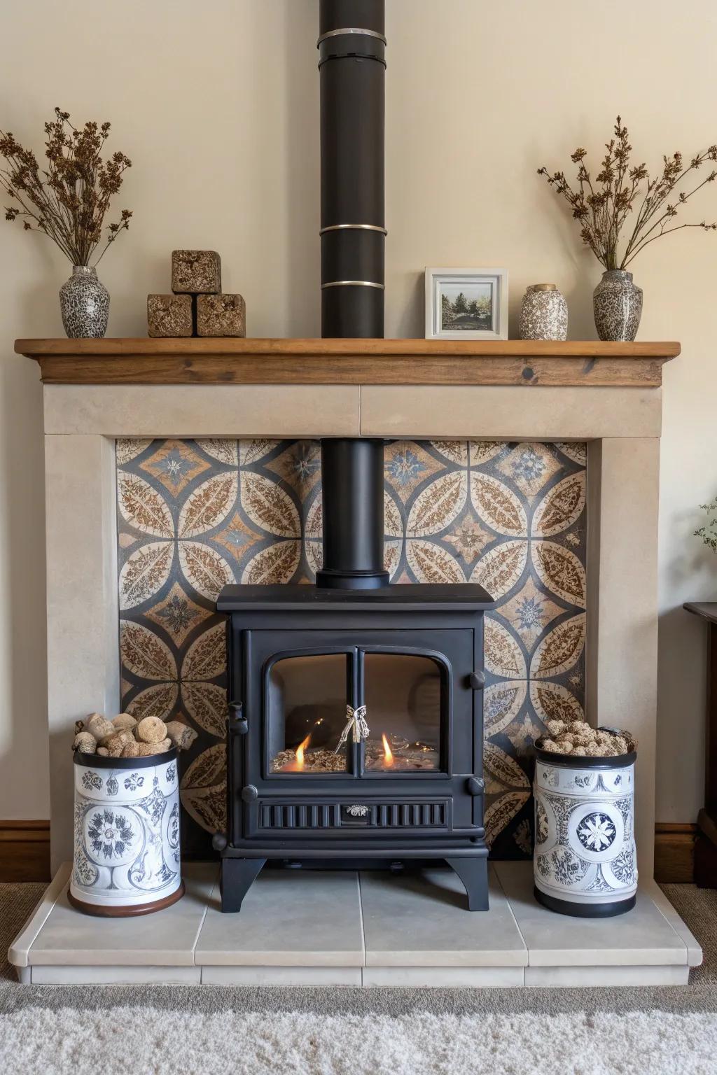 Symmetry around a wood stove creates balance and visual harmony in the room.