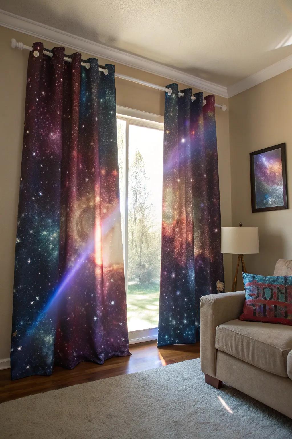 Space-themed curtains that frame your view with cosmic beauty.