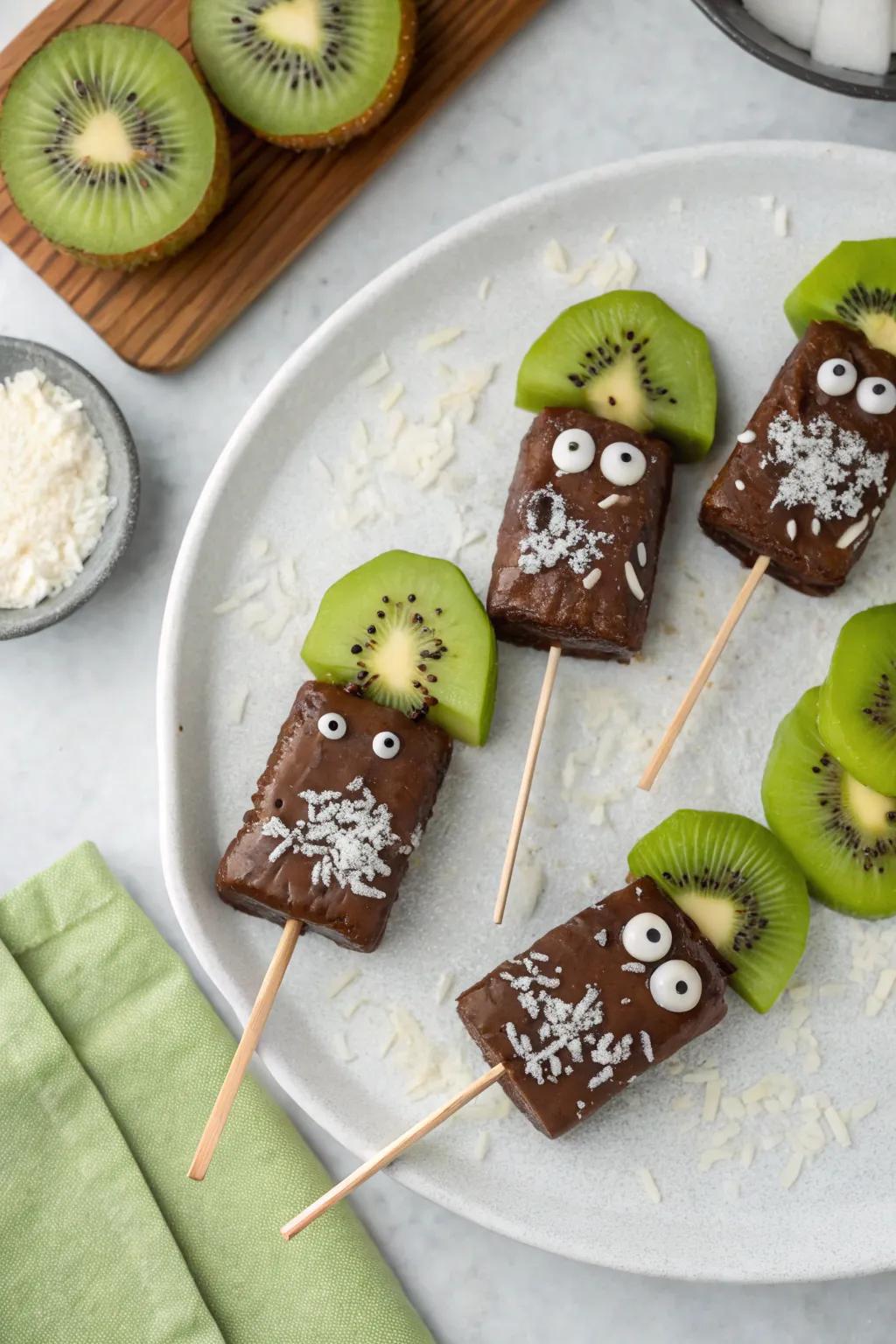 Frankenstein kiwi pops offering a quirky, green surprise.