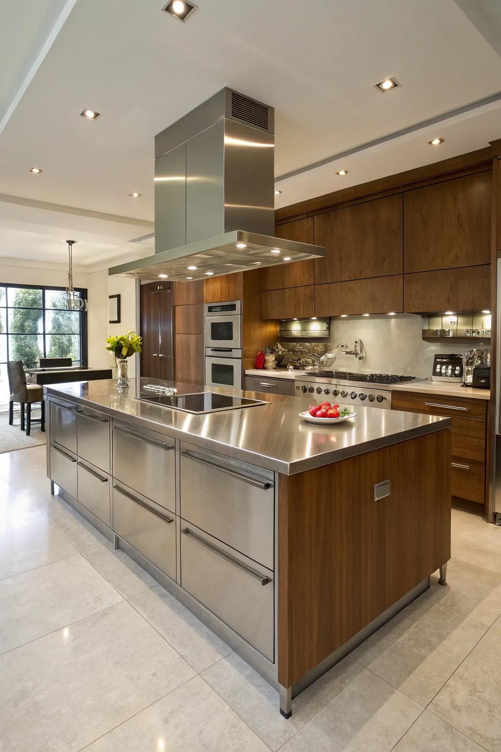 A stainless steel island that serves as the functional heart of the kitchen.