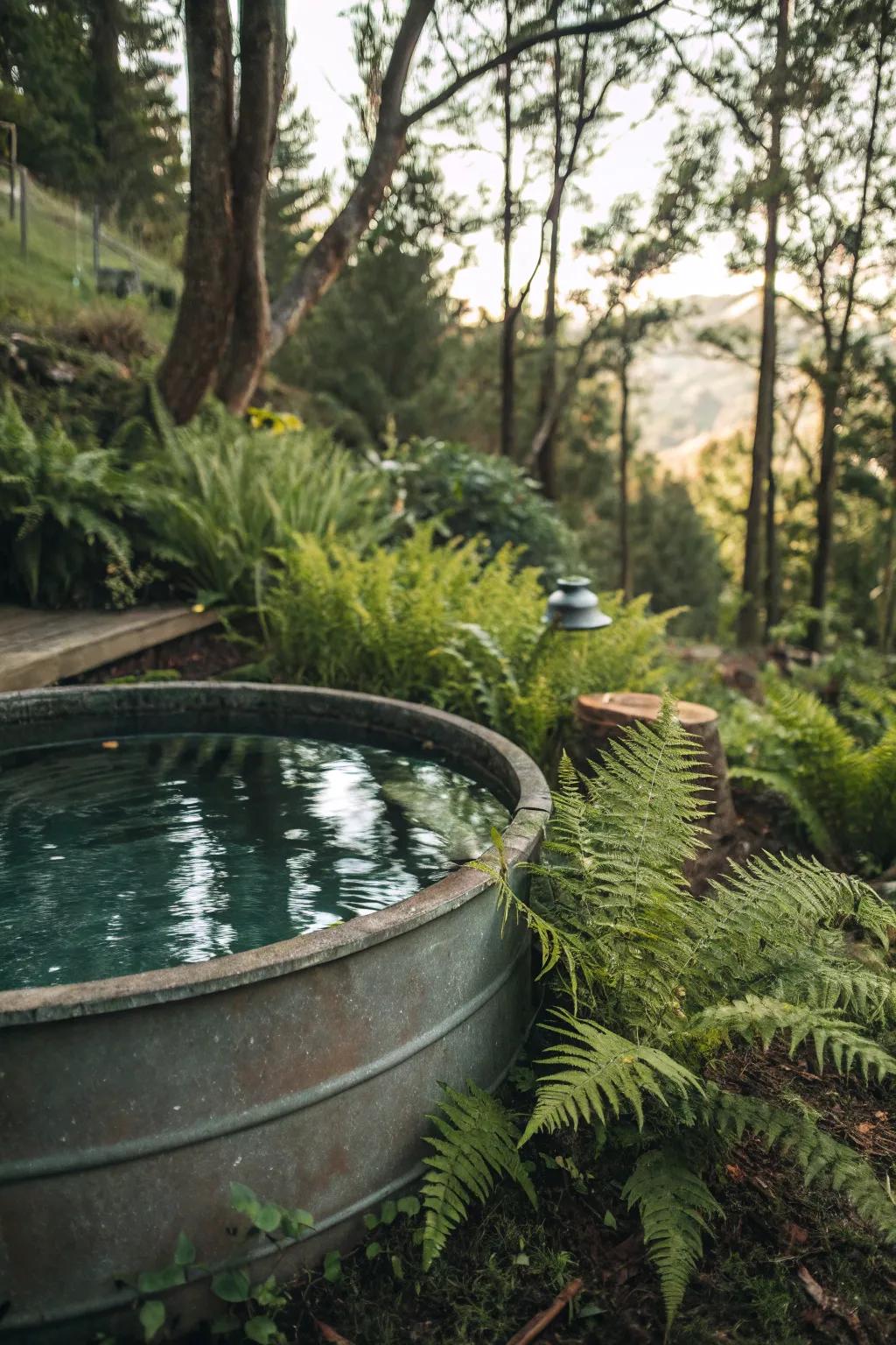 A woodland retreat with ferns and shade-loving plants around the pool.