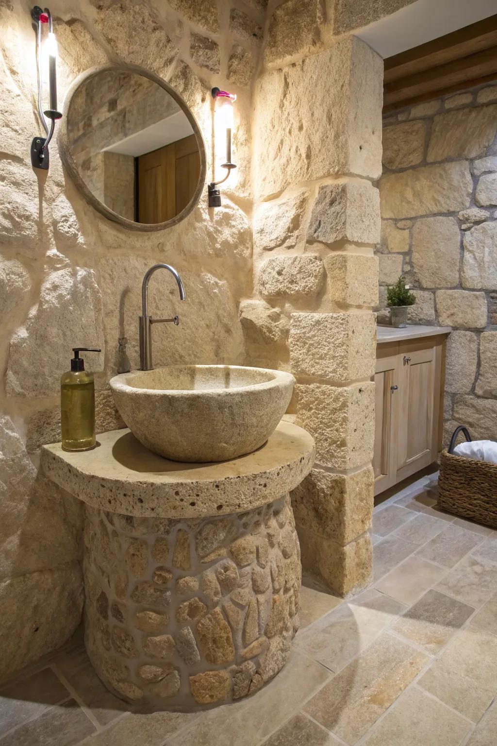 A stone bathroom featuring a distinctive stone sink as a focal point.