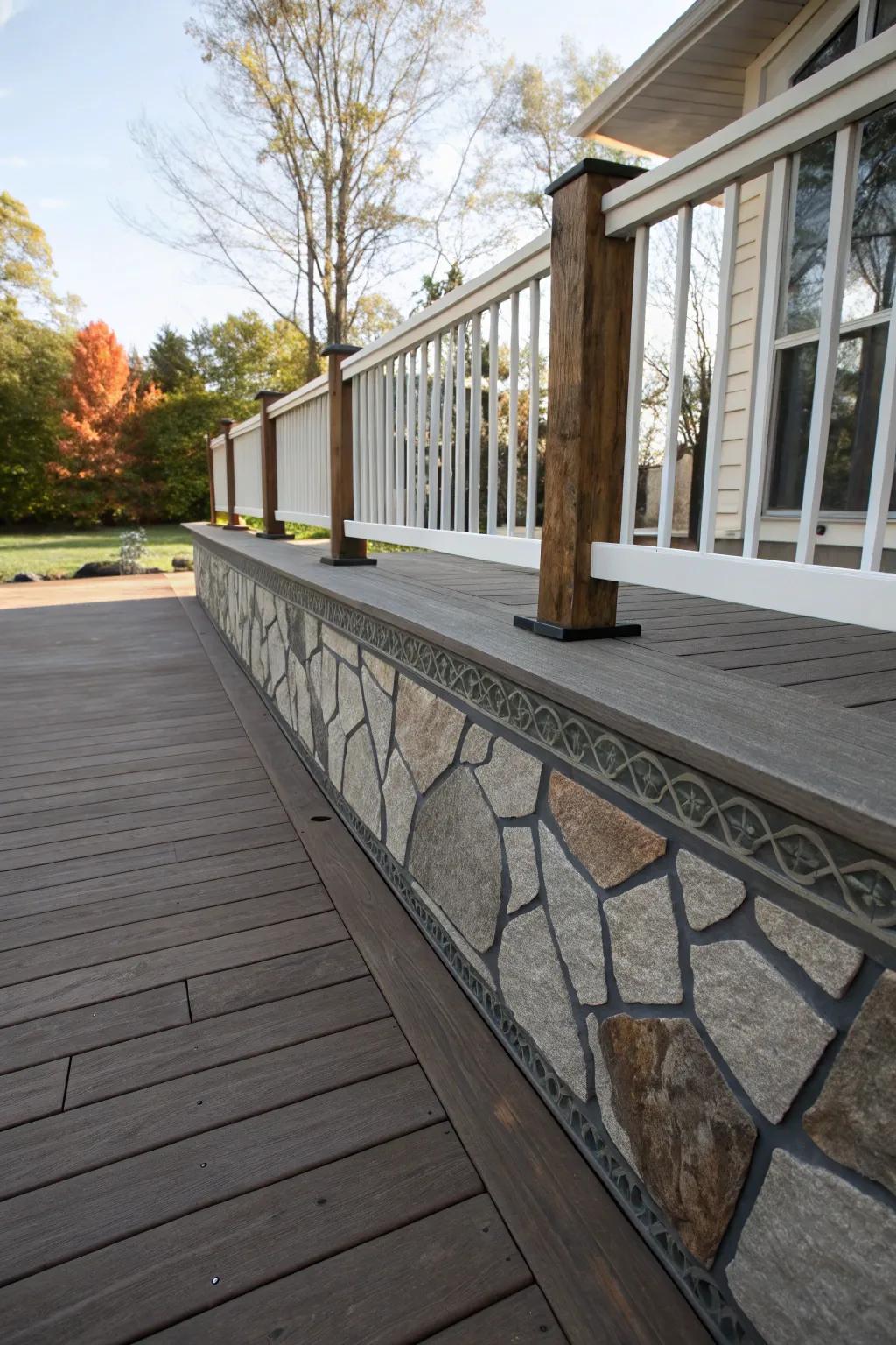 A deck transformed into an artistic masterpiece with patterned stone skirting.