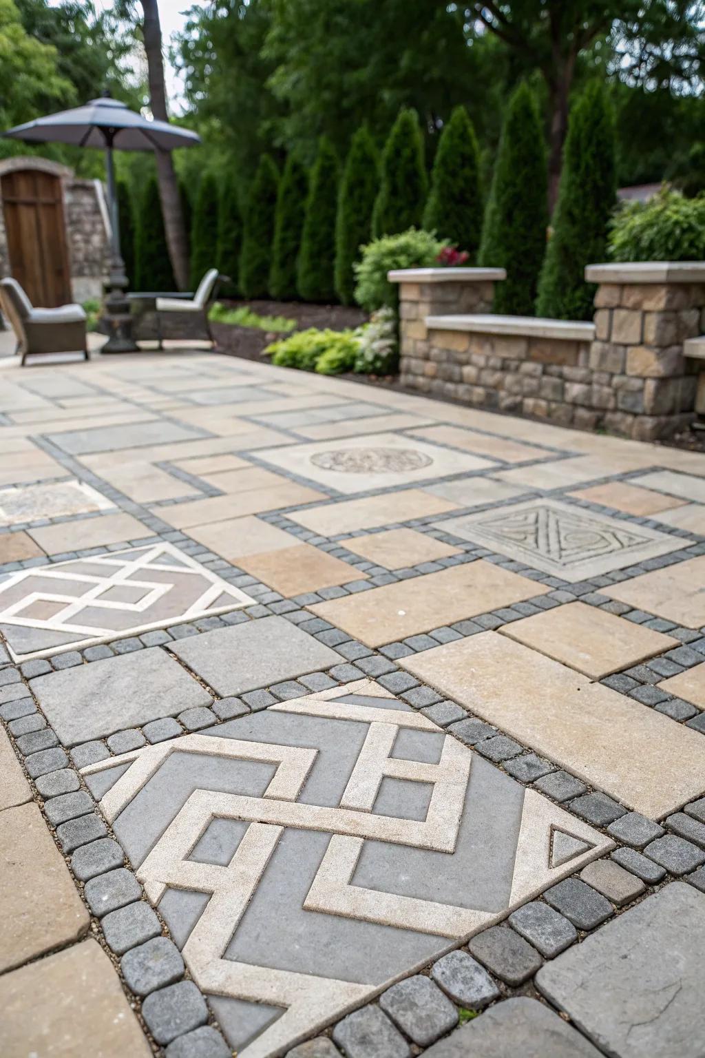 A stone patio with striking geometric patterns.