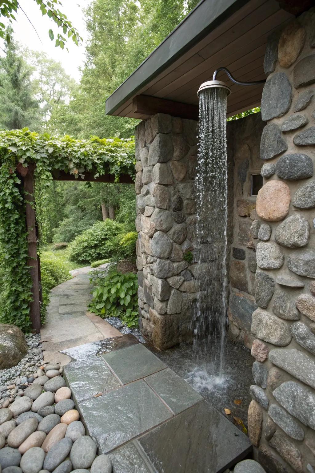 A waterfall feature adds a unique element to stone showers.