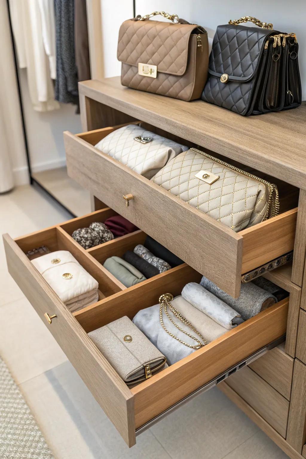 Linen drawers used for subtle purse storage.