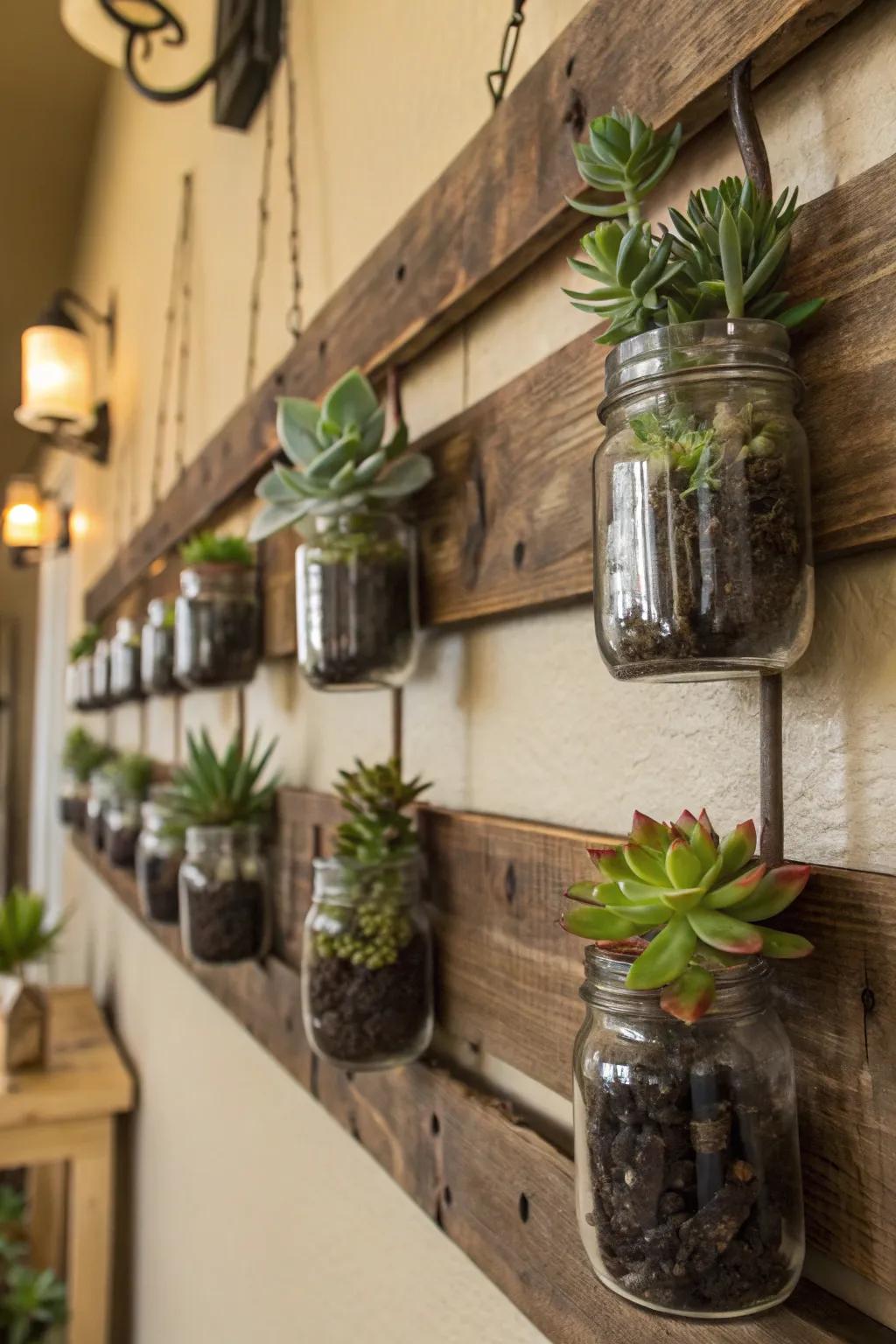 Mason jar wall sconces provide a rustic chic look with succulents.