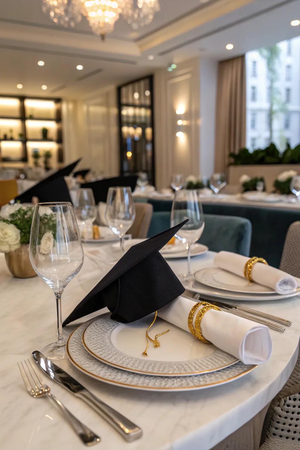 Graduation cap napkin rings add a playful touch to the table setting.