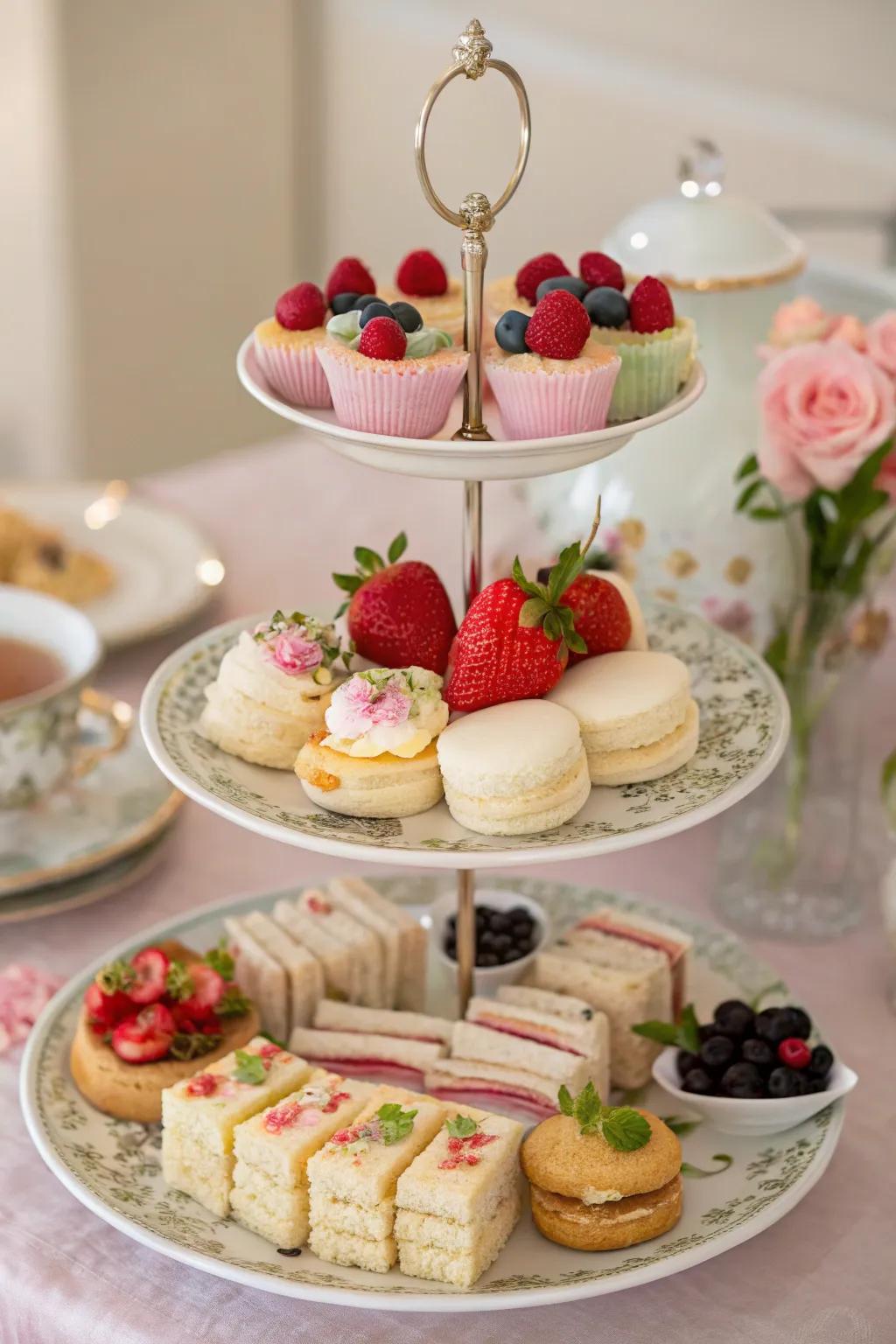 Tiered serving trays elegantly display treats.