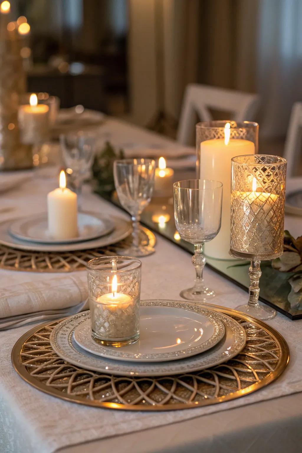 Mirrors under candles create a stunning reflective effect.