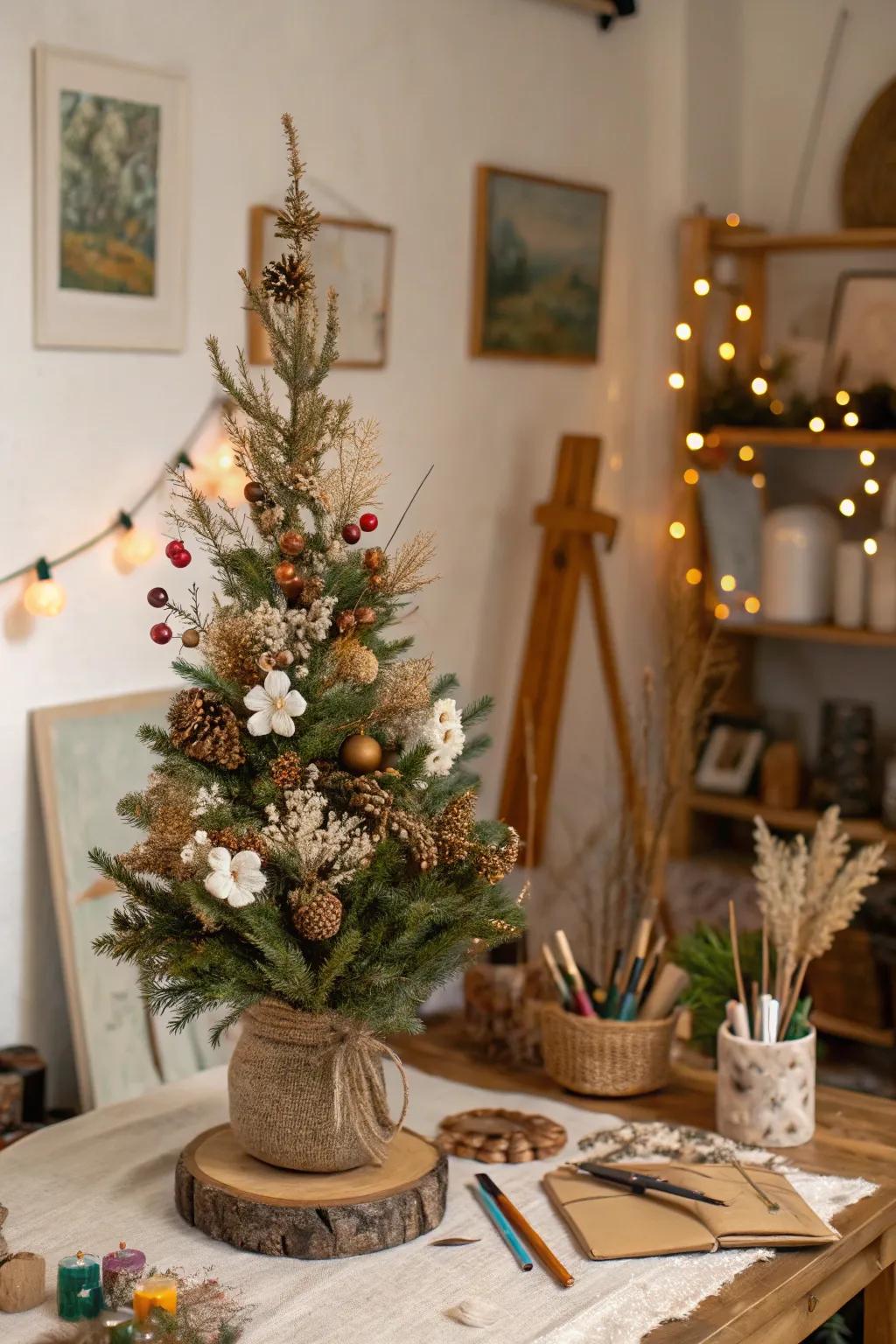 A nature-inspired artistic tabletop Christmas tree.