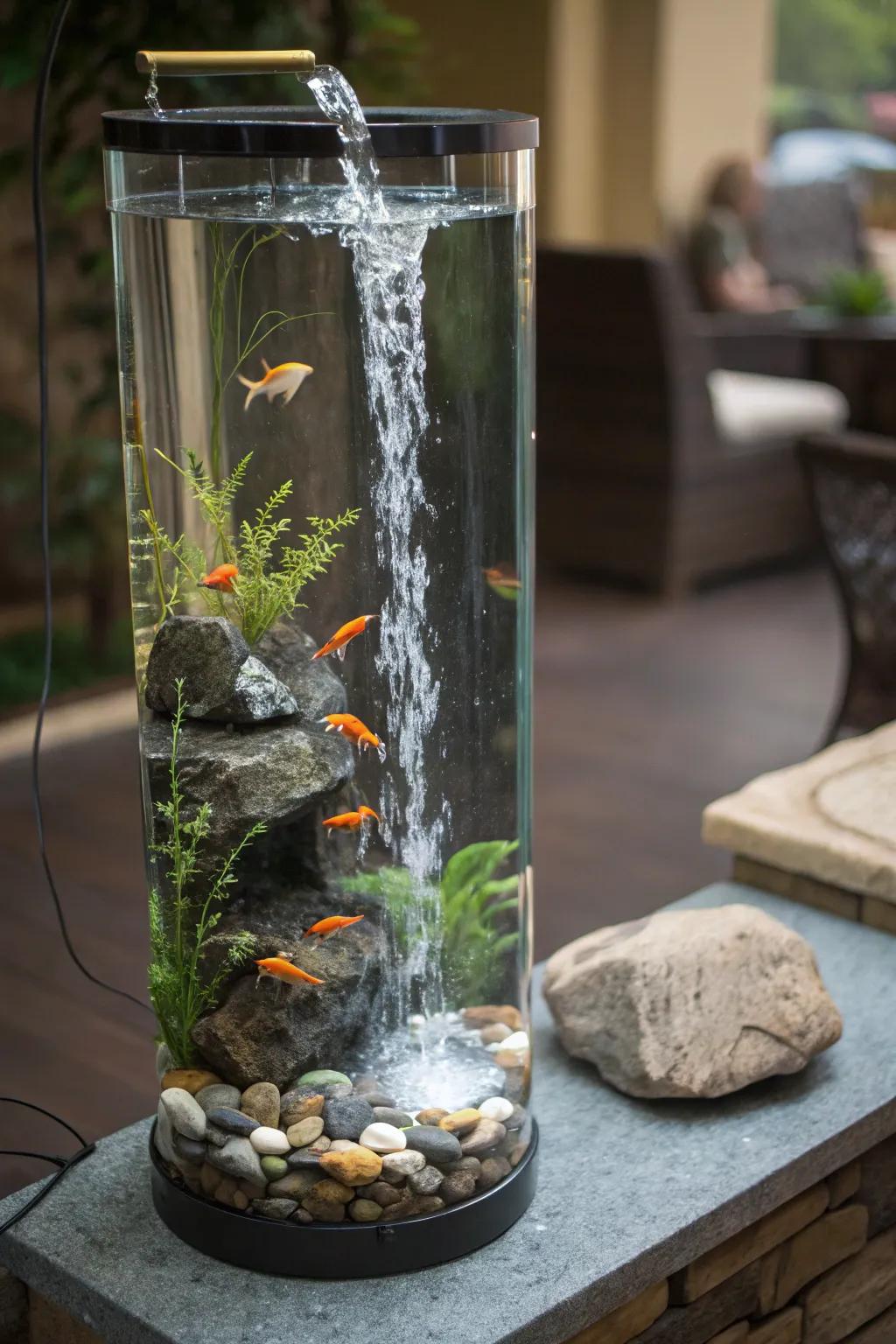 A tall aquarium with a tranquil zen waterfall feature.