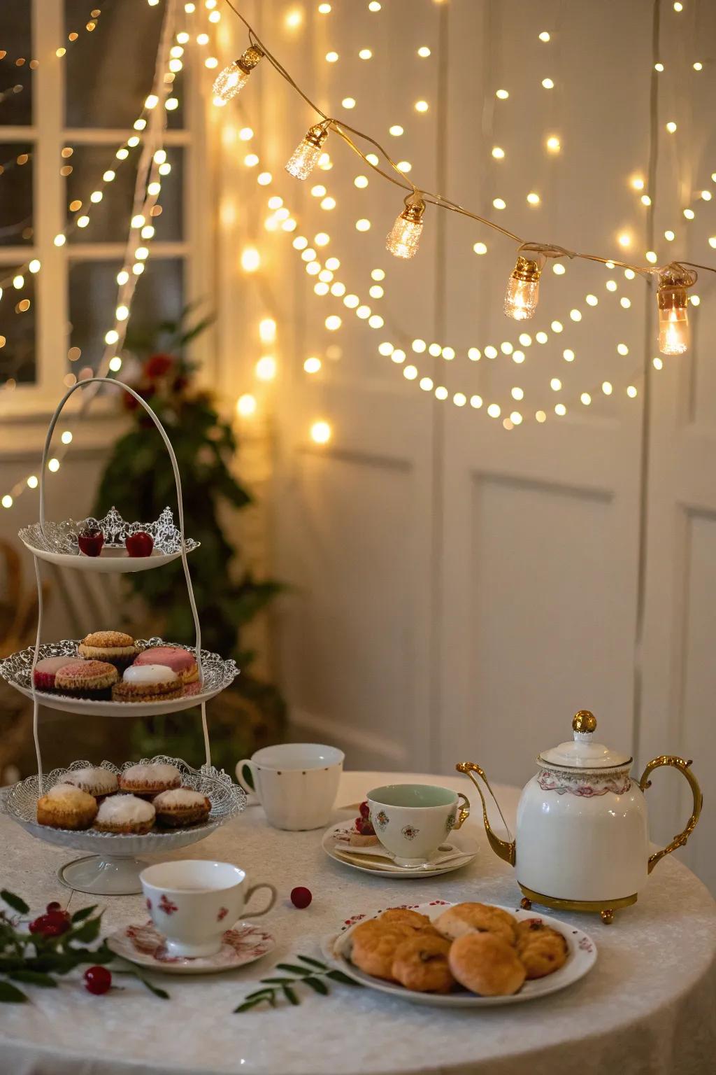 Fairy lights create a dreamy and enchanting atmosphere for the tea party.