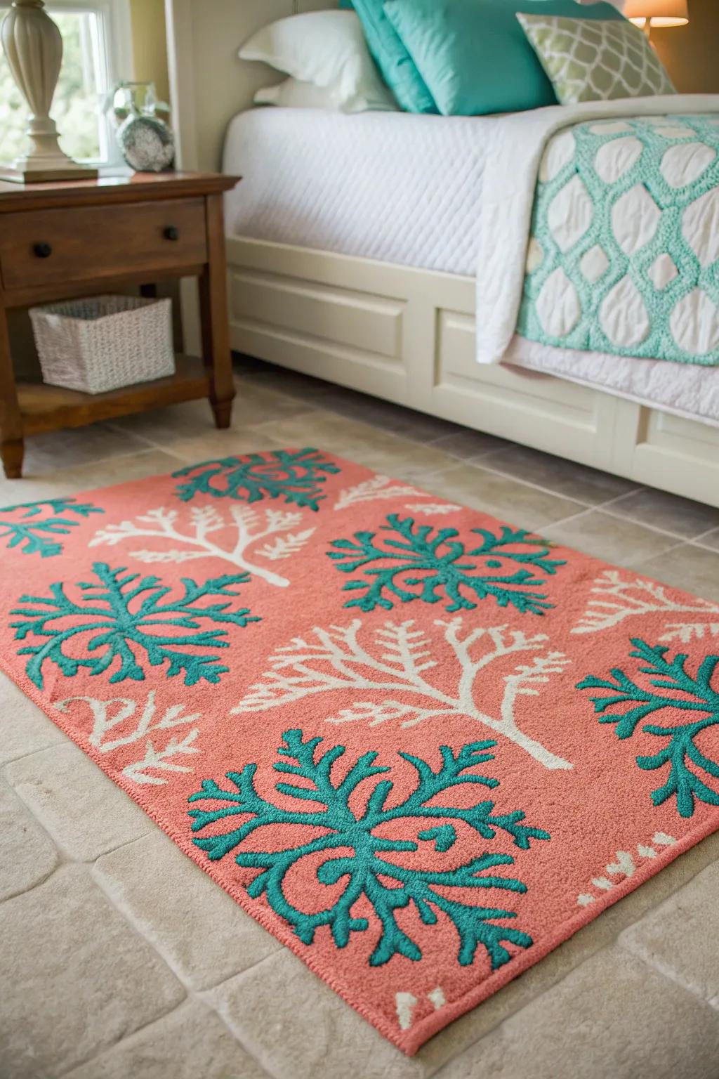 Coral and teal patterned rug adding depth to the room.