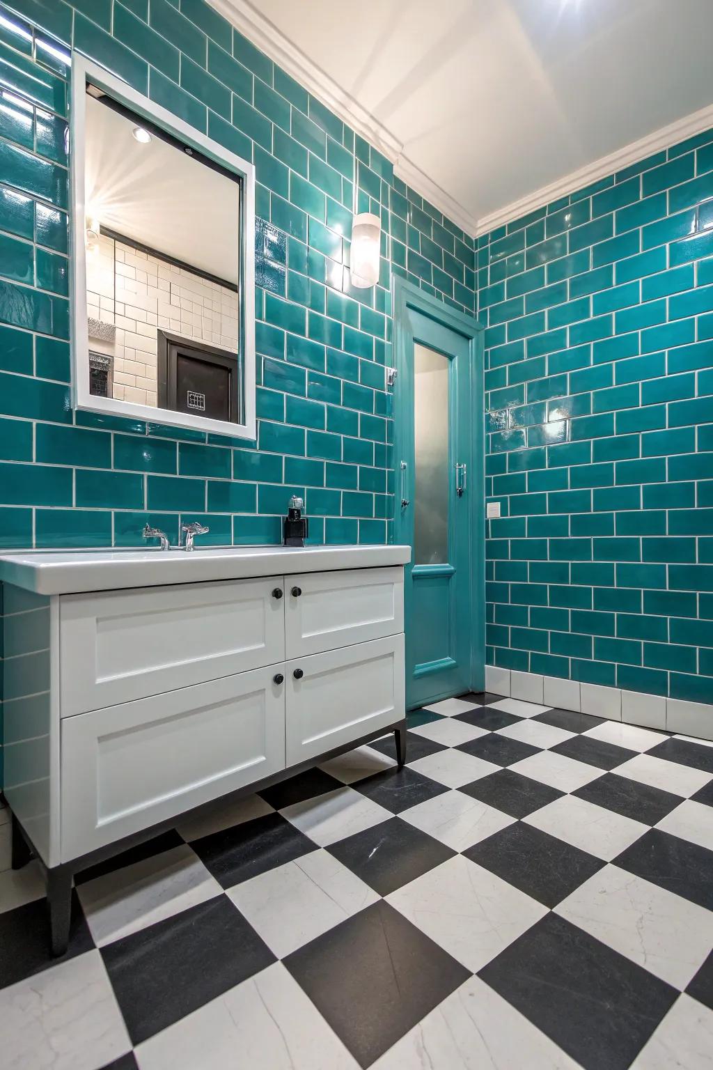 Contrasting floors can enhance the visual impact of teal tiles.