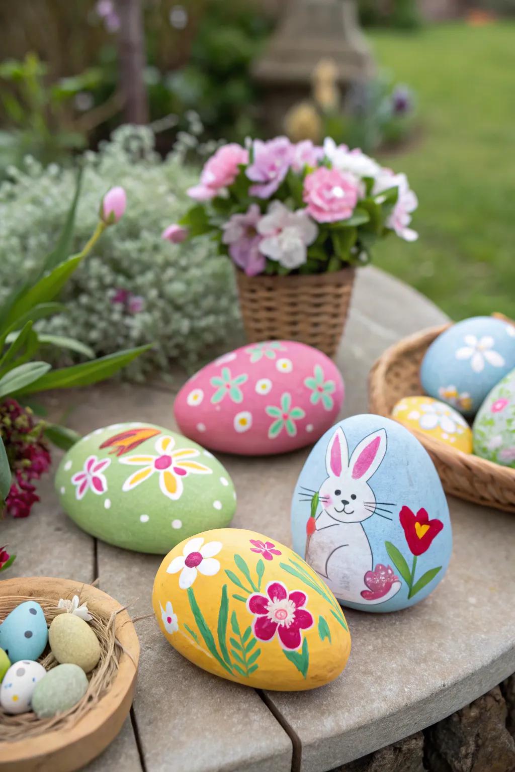 Painted Easter rocks adding charm to the garden.