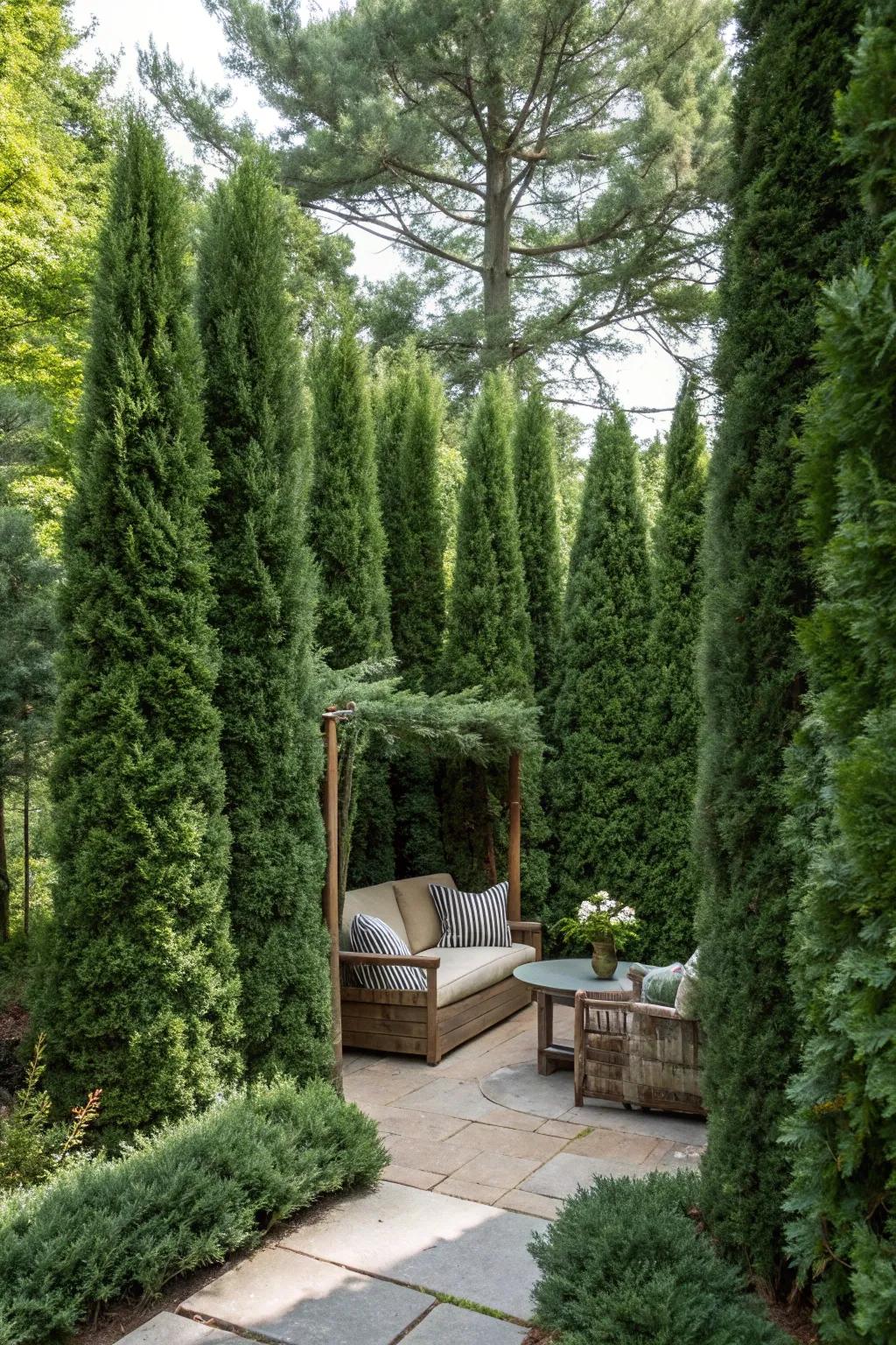 Relax in a private garden nook surrounded by Thuja.