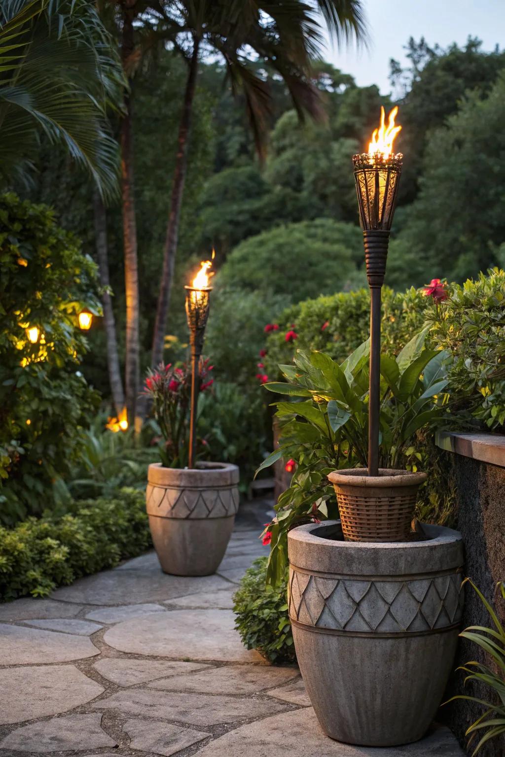 Stabilize tiki torches with stylish planter bases.