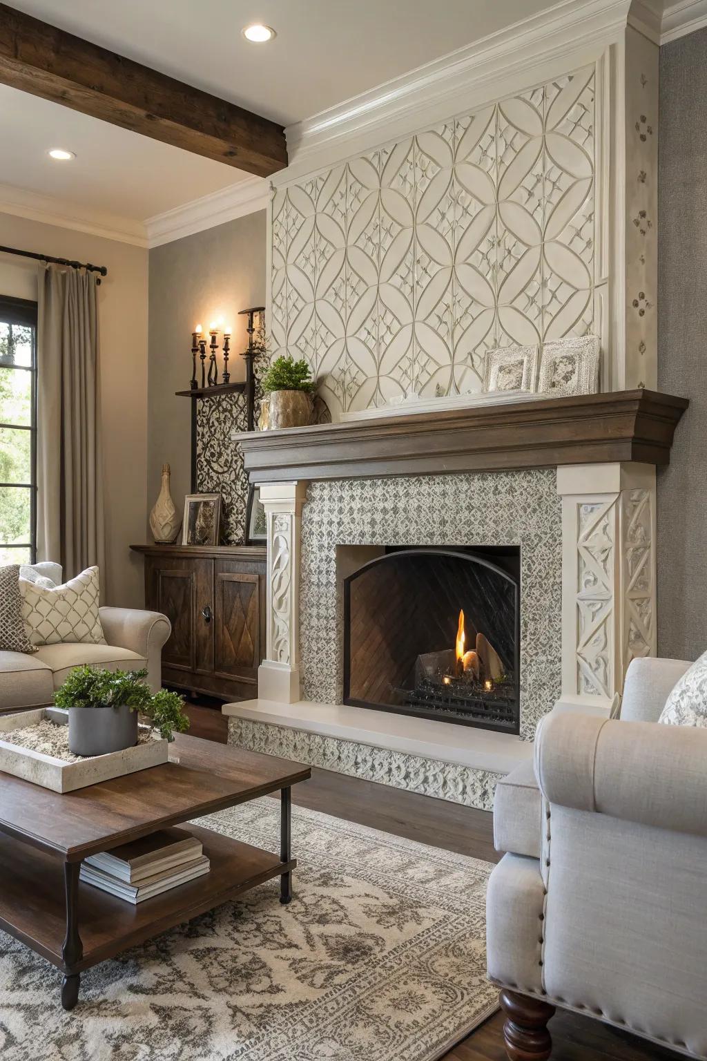 Textured tiles add an elegant depth to this fireplace.