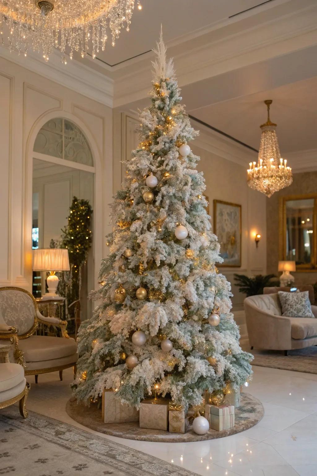 A luxurious home setting with an opulent opalescent tinsel Christmas tree.