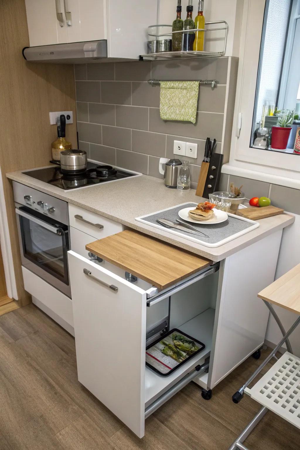 Extendable countertops offer practical workspace solutions in a tiny kitchen.