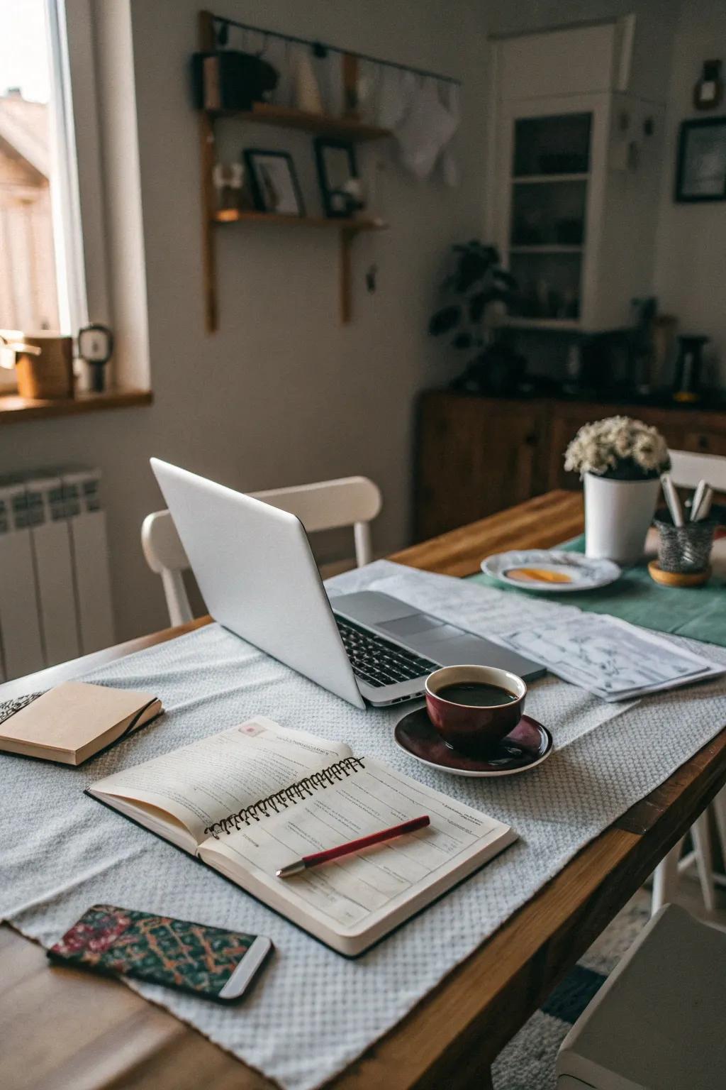 Dining tables can double as practical workspaces, maximizing utility in tiny homes.