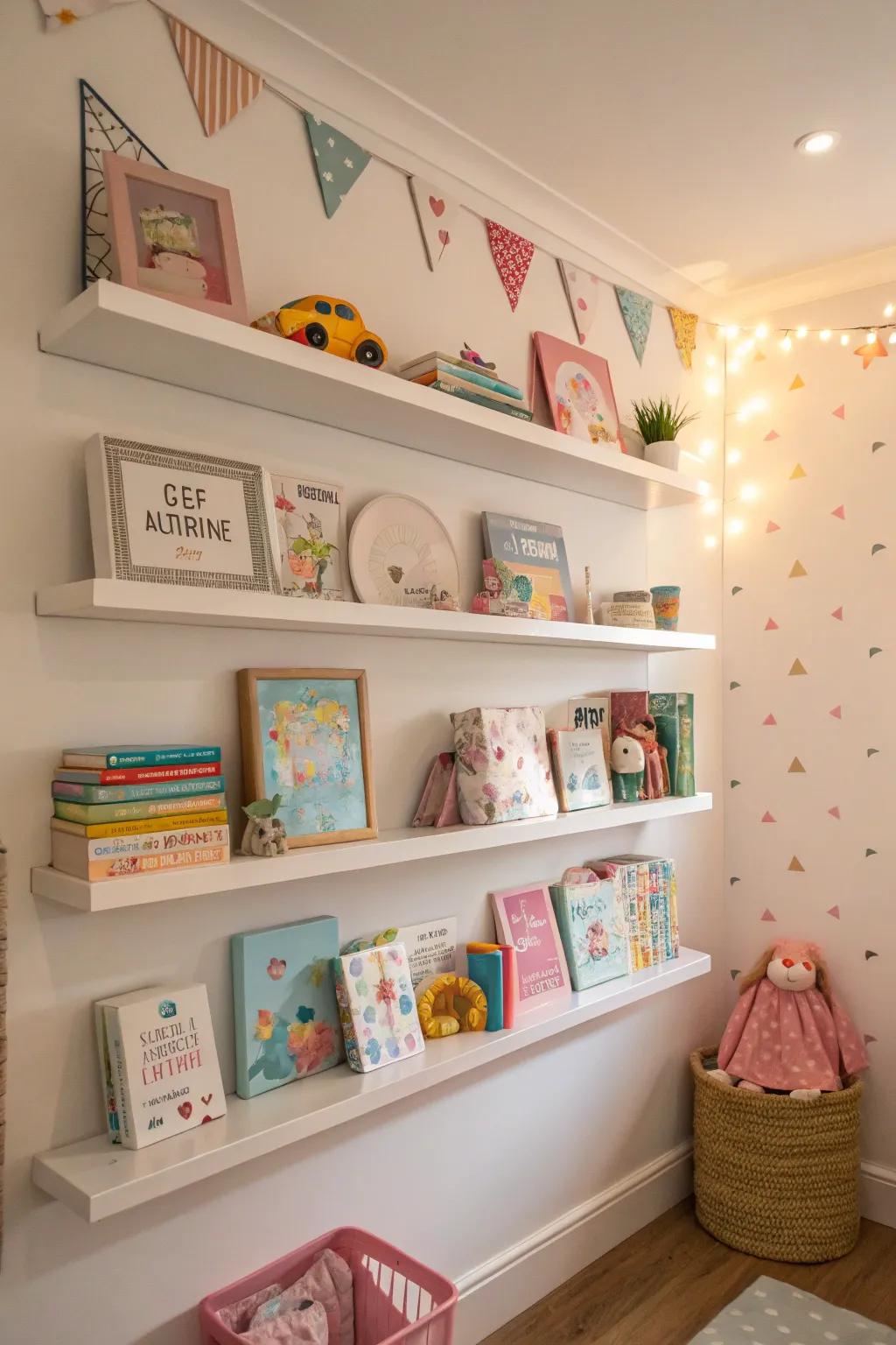 Wall shelves maximize space and display cherished items.