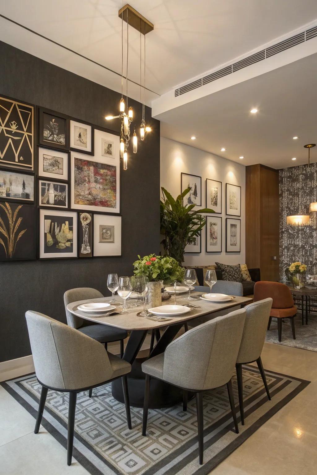 Dining area with a bold statement wall