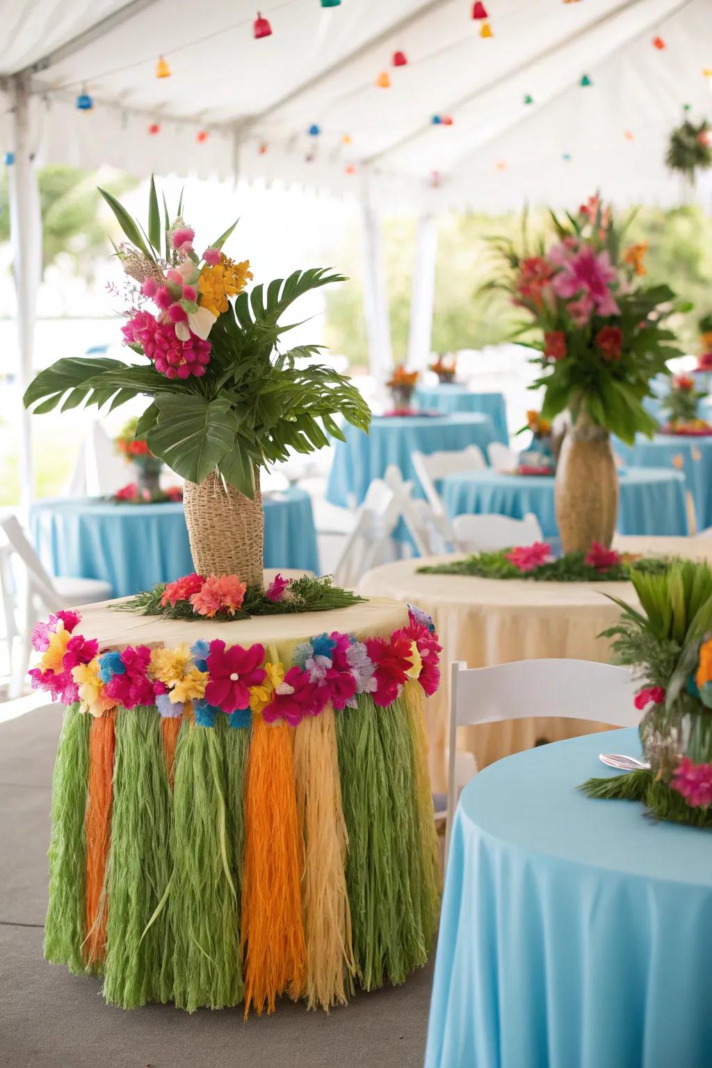 Hula skirts add island charm to tables.