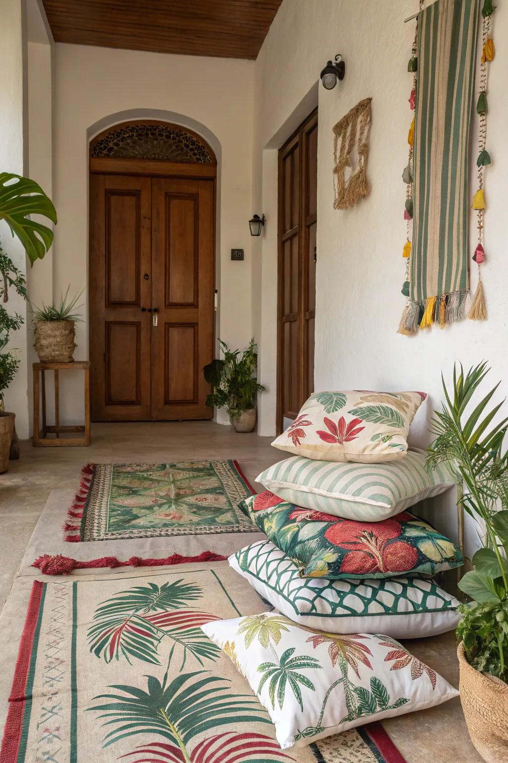 Layered textiles add depth and warmth to your entryway.