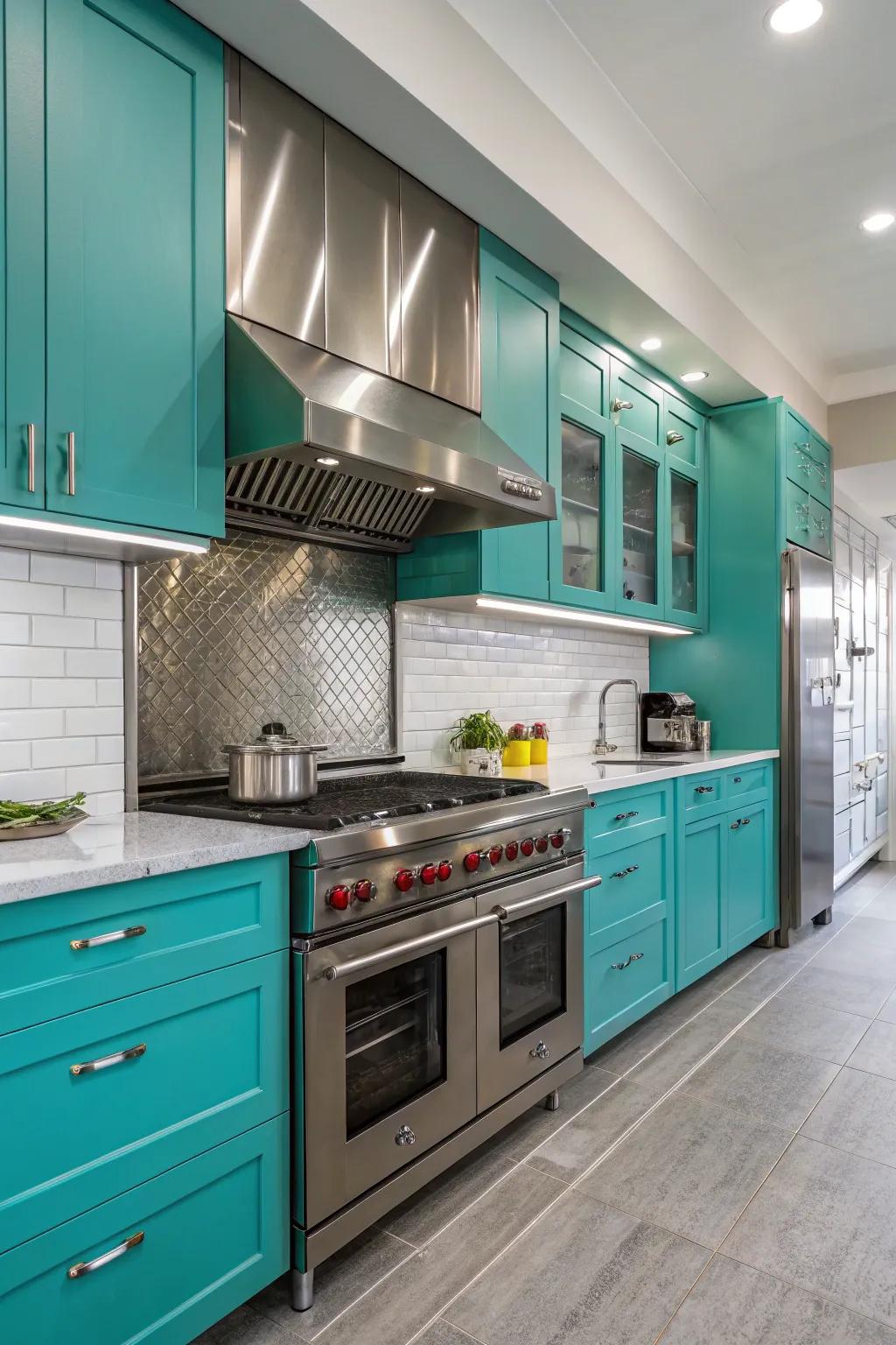 Industrial elements merging with turquoise cabinetry for a modern look.