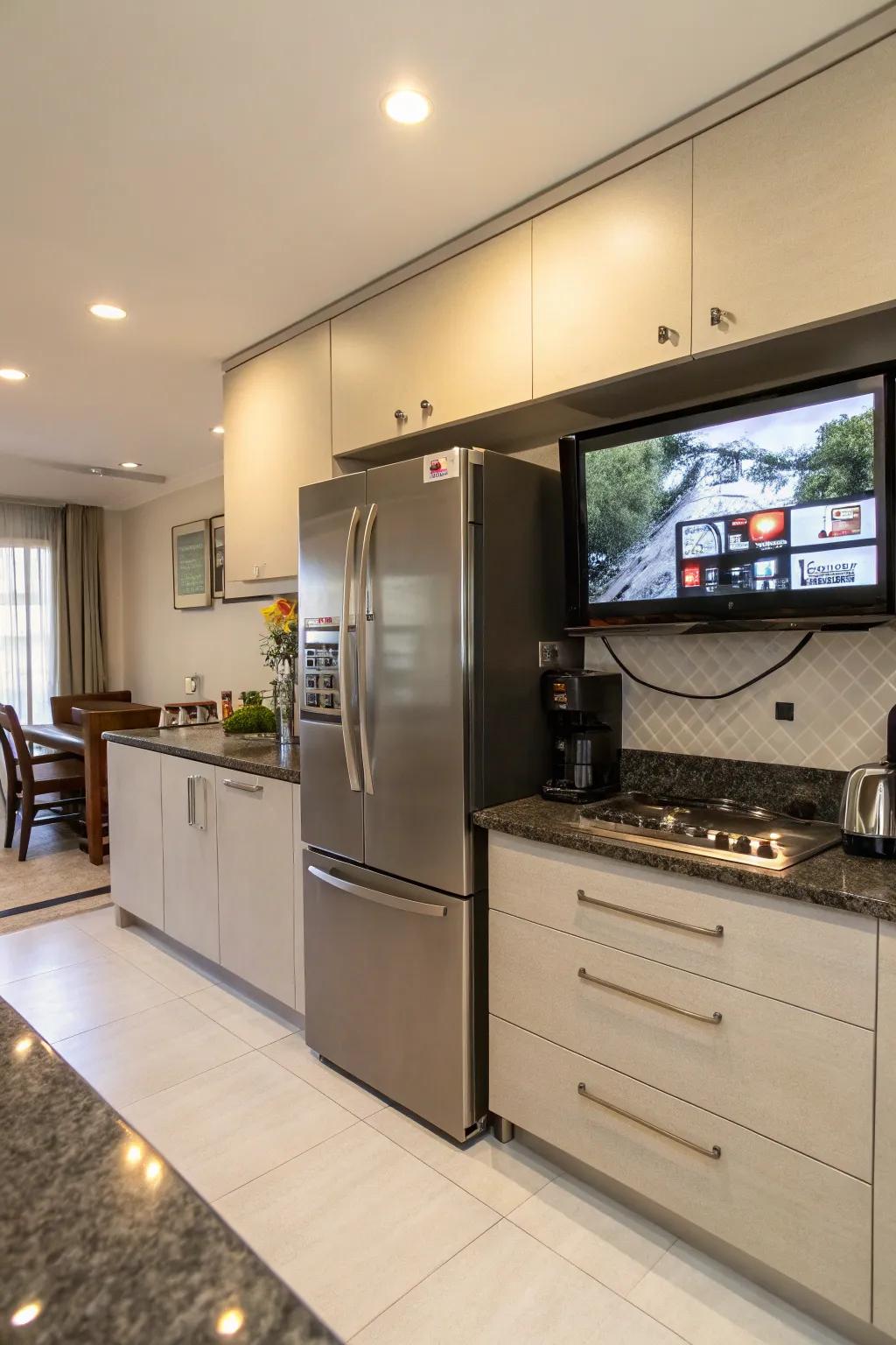 A TV mounted above the fridge, an unexpected yet functional placement.