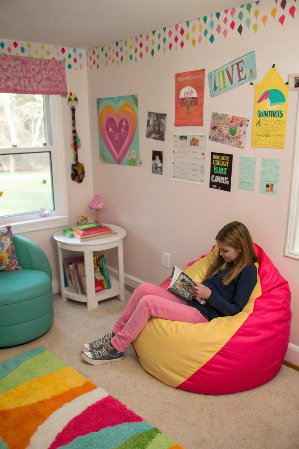 Chill-out zone with a colorful bean bag chair.