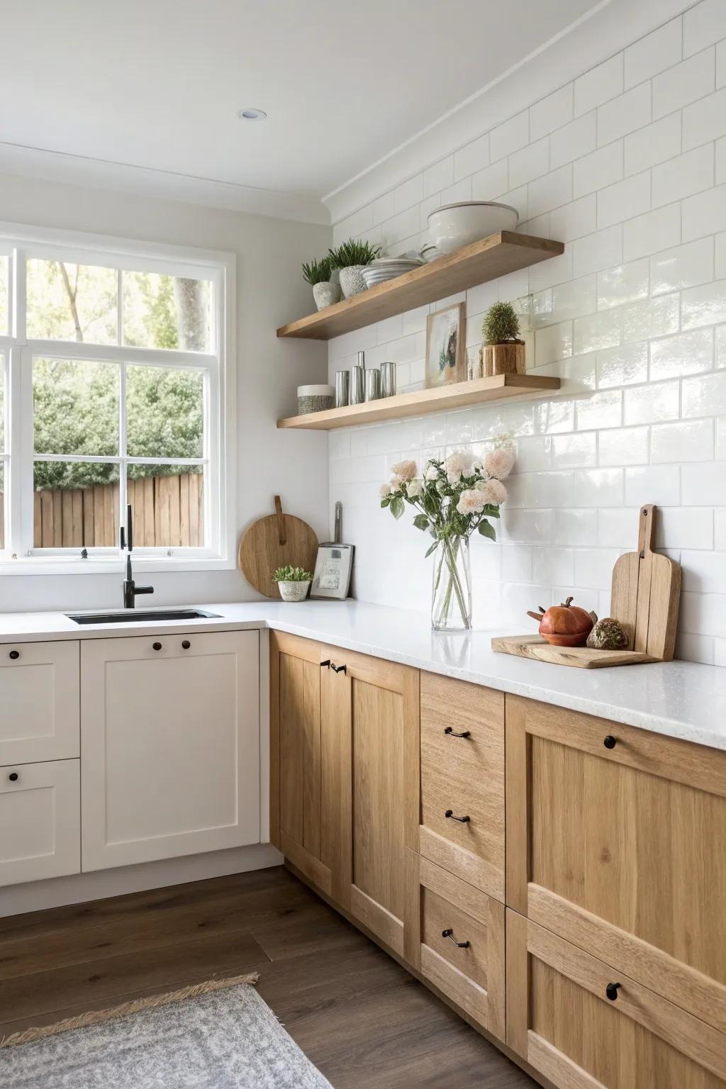 A minimalist white and wood kitchen for a refreshing feel.